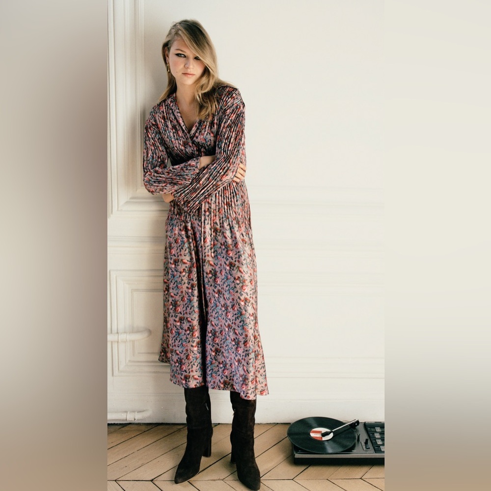 Vince Pleated Shirt Midi Dress Berry Blossoms Size XS